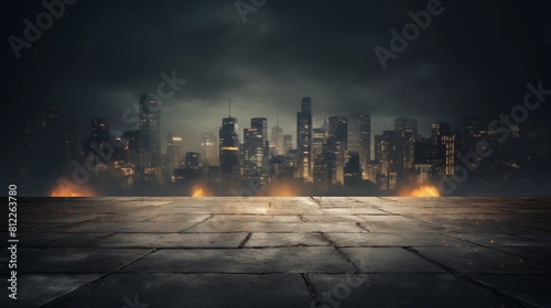 Illuminated Cityscape at Night with Reflective Water and Moody Atmosphere