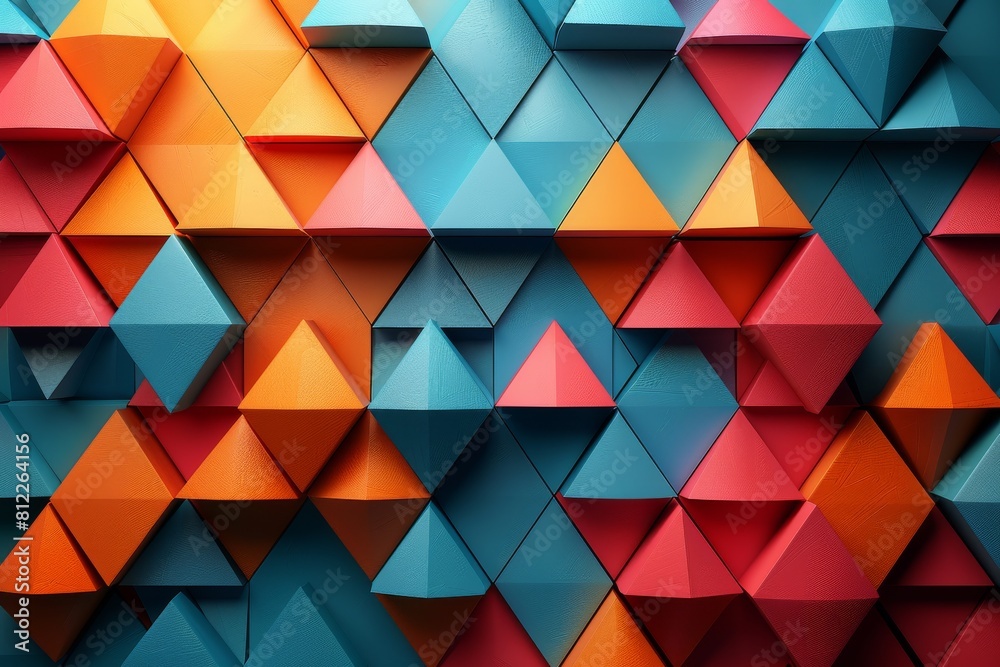 A vibrant array of 3D pyramids creating a visually engaging geometric pattern on a wall