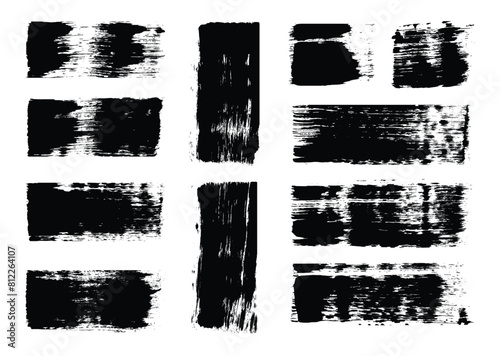 Black paint brush texture element set. Grunge artistic brush strokes label set. Rough color block strokes template bundle. Hand drawn painting. Creative drawing illustration.