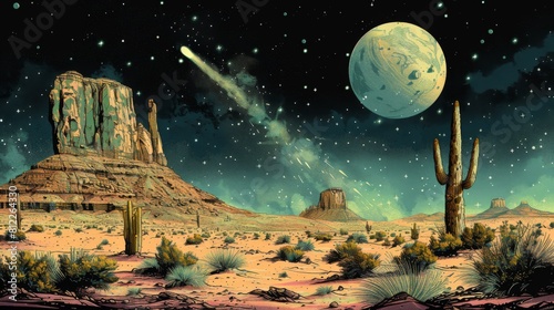 A desert scene with cactus and a moon in the sky, AI
