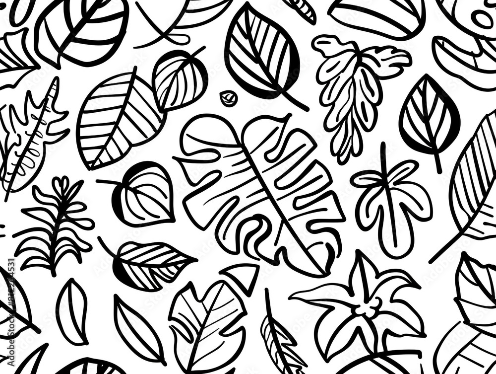 A black and white drawing of various leaves and flowers. Doodle and cartoon style. A black and white drawing of various leaves and flowers. Doodle and cartoon style.