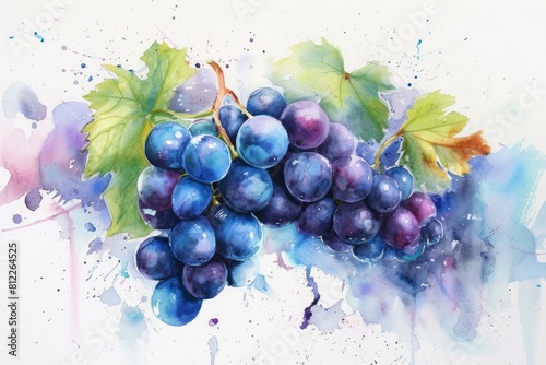 Vibrant watercolor illustration of a cluster of grapes with splashed ink details