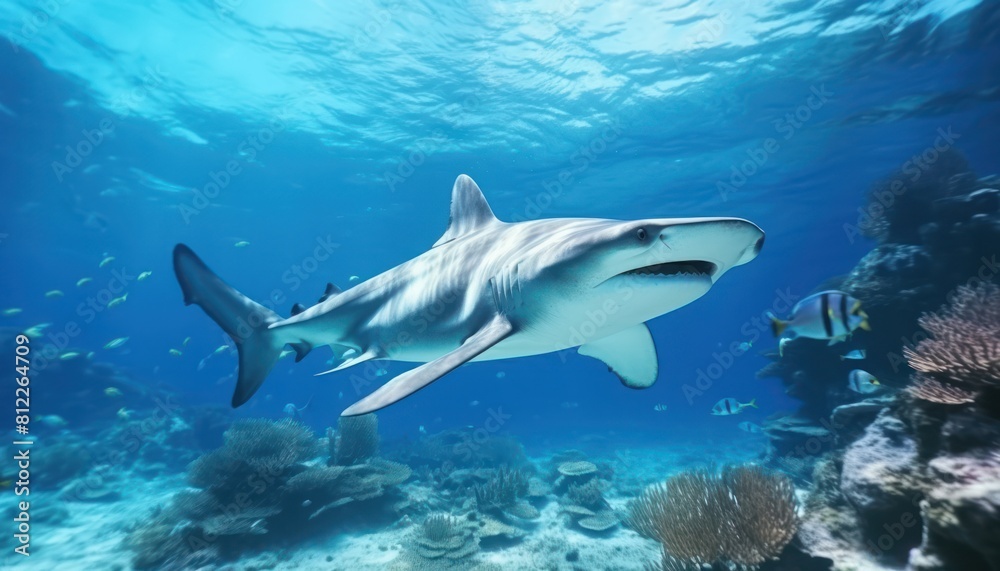 Fototapeta premium The great White Shark in the ocean, portrait of White shark hunting prey in the underwater