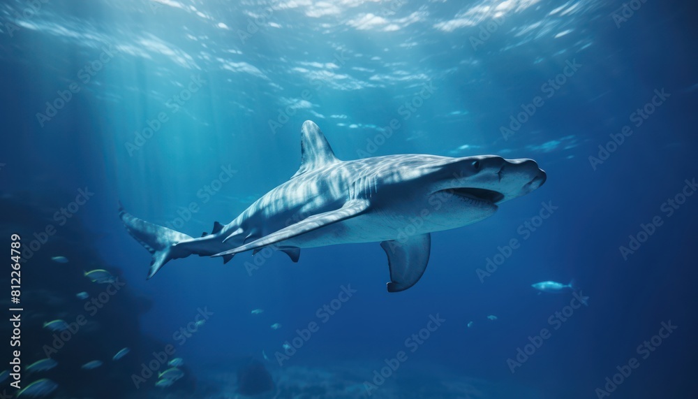 The great White Shark in the ocean, portrait of White shark hunting prey in the underwater The great White Shark in the ocean, portrait of White shark hunting prey in the underwater