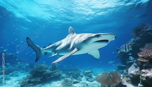 The great White Shark in the ocean  portrait of White shark hunting prey in the underwater