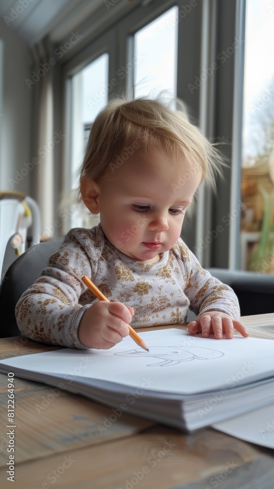 A young child focused on drawing on a piece of paper sitting at a wooden table near a window A young child focused on drawing on a piece of paper sitting at a wooden table near a window