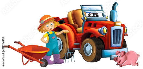 cartoon scene young girl near wheelbarrow and tractor car for different tasks farm animal pig piggy hog playing farming tools illustration for children © honeyflavour