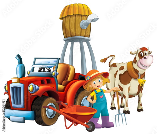 cartoon scene young girl near wheelbarrow and tractor car for different tasks farm animal cow playing farming tools water silo illustration for children © honeyflavour