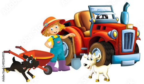 cartoon scene young girl near wheelbarrow and tractor car for different tasks farm animal goat playing farming tools illustration for children © honeyflavour