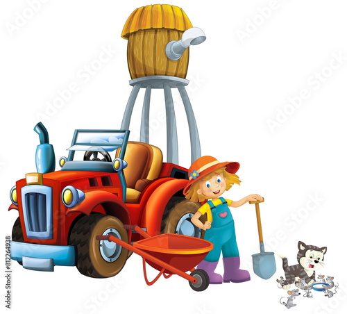cartoon scene young girl near wheelbarrow and tractor car for different tasks farm animal cat and mouse playing farming tools water silo illustration for children © honeyflavour