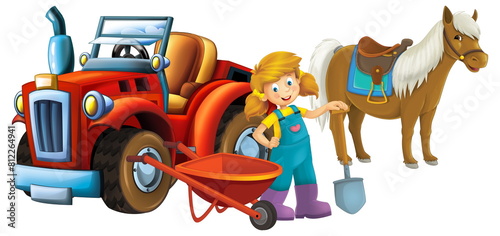 cartoon scene young girl near wheelbarrow and tractor car for different tasks farm animal horse pony stallion playing farming tools illustration for children © honeyflavour