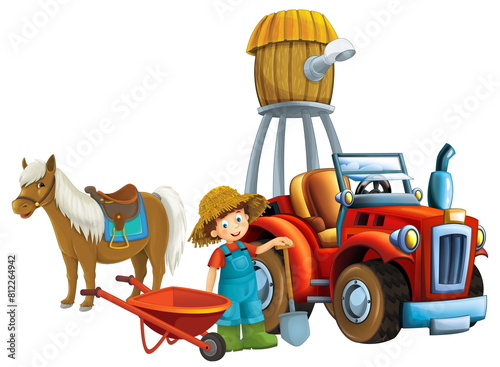 cartoon scene young boy near wheelbarrow and tractor car for different tasks farm animal horse playing farming tools illustration for children © honeyflavour