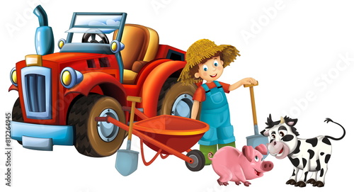 cartoon scene young boy near wheelbarrow and tractor car for different tasks farm animal calf and pig playing farming tools illustration for children