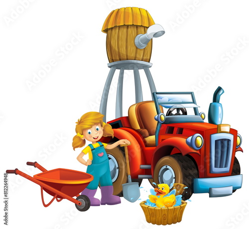 cartoon scene young girl near wheelbarrow and tractor car for different tasks farm animal duck swimming playing farming tools water silo illustration for children © honeyflavour