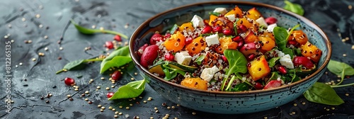 Quinoa salad with roasted vegetables and feta, fresh food banner, top view with copy space photo