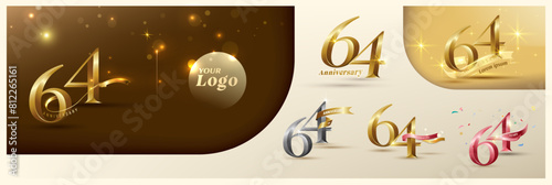 64th anniversary logotype modern gold number with shiny ribbon. alternative logo number Golden anniversary celebration photo