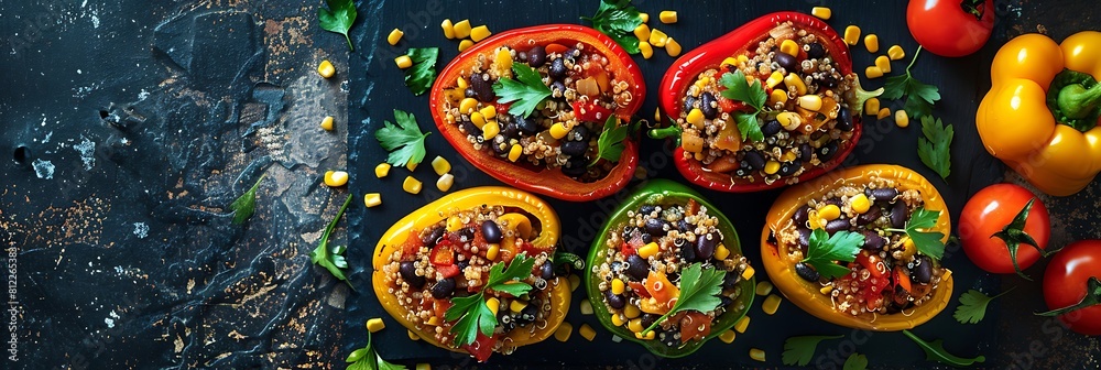 Quinoa stuffed peppers with black beans and corn, fresh food banner, top view with copy space