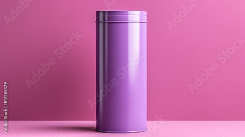 A tall, purple canister sits on a pink background
