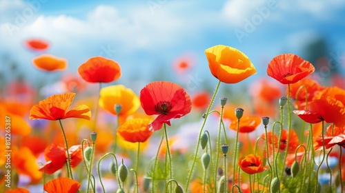 Beautiful closeup of poppies poppy Papaver rhoeas flowers in nature. Natural spring summer landscape with red poppies