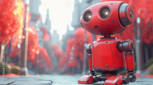 A red robot sitting on a stone walkway with trees in the background, AI photo