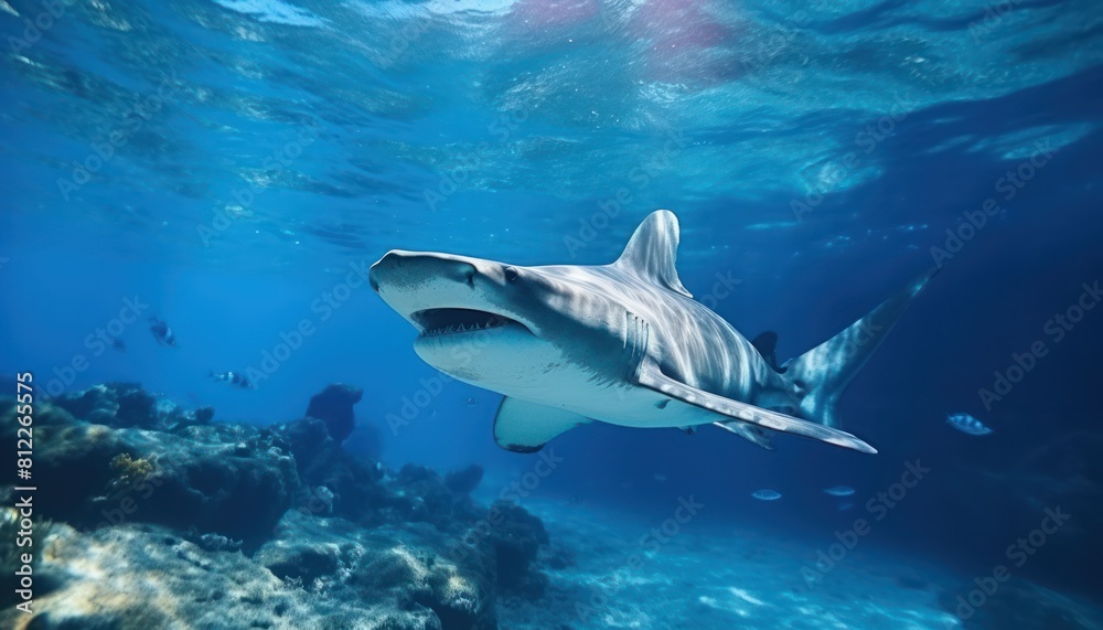 Fototapeta premium The great White Shark in the ocean, portrait of White shark hunting prey in the underwater