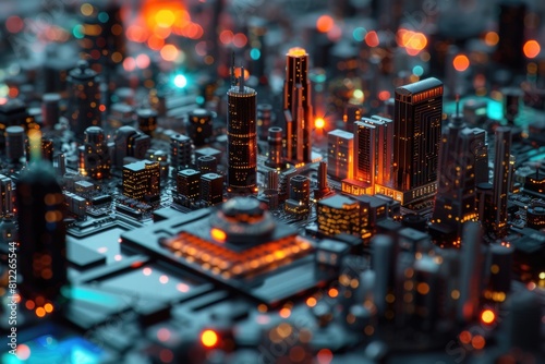 A conceptual visualization of a smart city with glowing structures on a digital circuit board  symbolizing urban technology integration concept. AIG41