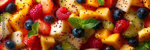 Rainbow fruit salad with honey lime dressing  fresh food banner  top view with copy space
