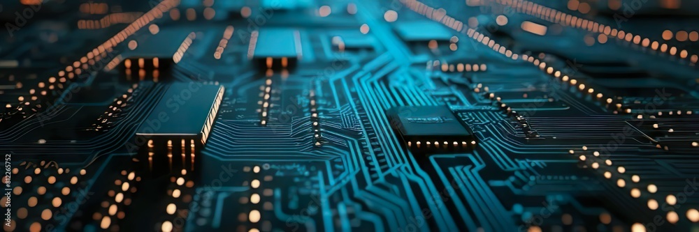 Digital board circuit backdround for technological operations, neural networks, AI, data transmission and encryption, digital archives, audio and visual representations, scientific research