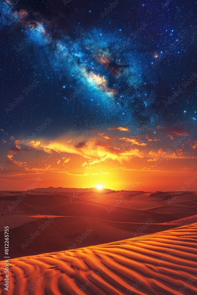 A sunset over the desert with a bright star in the sky, AI
