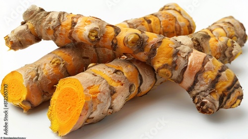 Vivid Turmeric Rhizome on Clean White Background for Medicinal and Cooking Uses photo