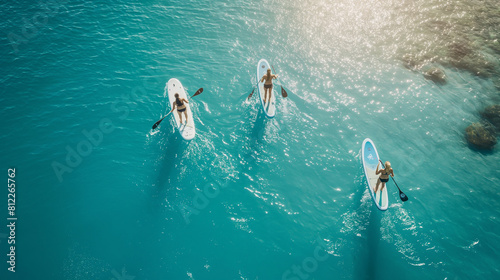 People paddleboarding on a bright blue lake, paddleboarding, hd, with copy space