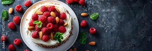 Raspberry almond cake with almond glaze, fresh food banner, top view with copy space