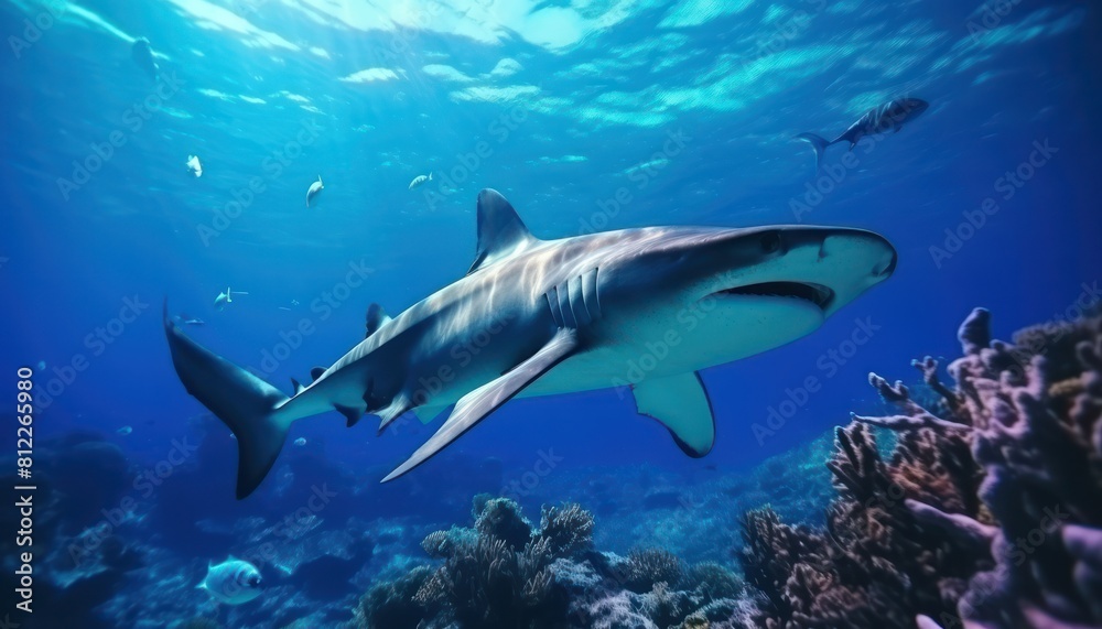 The great White Shark in the ocean, portrait of White shark hunting prey in the underwater