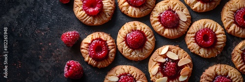 Raspberry almond thumbprint cookies, fresh food banner, top view with copy space