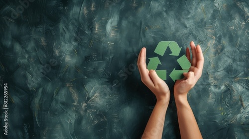 Two hands are carefully holding a bold green recycle logo against a textured blue background, promoting environmental awareness photo