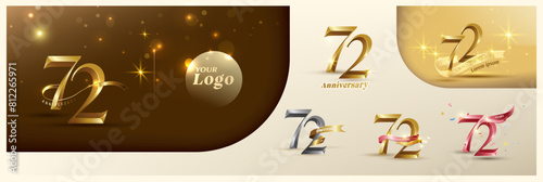 72nd anniversary logotype modern gold number with shiny ribbon. alternative logo number Golden anniversary celebration