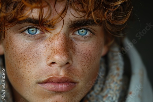 High-detail portrait showcasing a young man with curly hair  blue eyes  and unique freckle patterns
