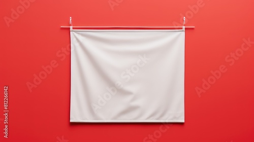 A white banner hanging on a red wall