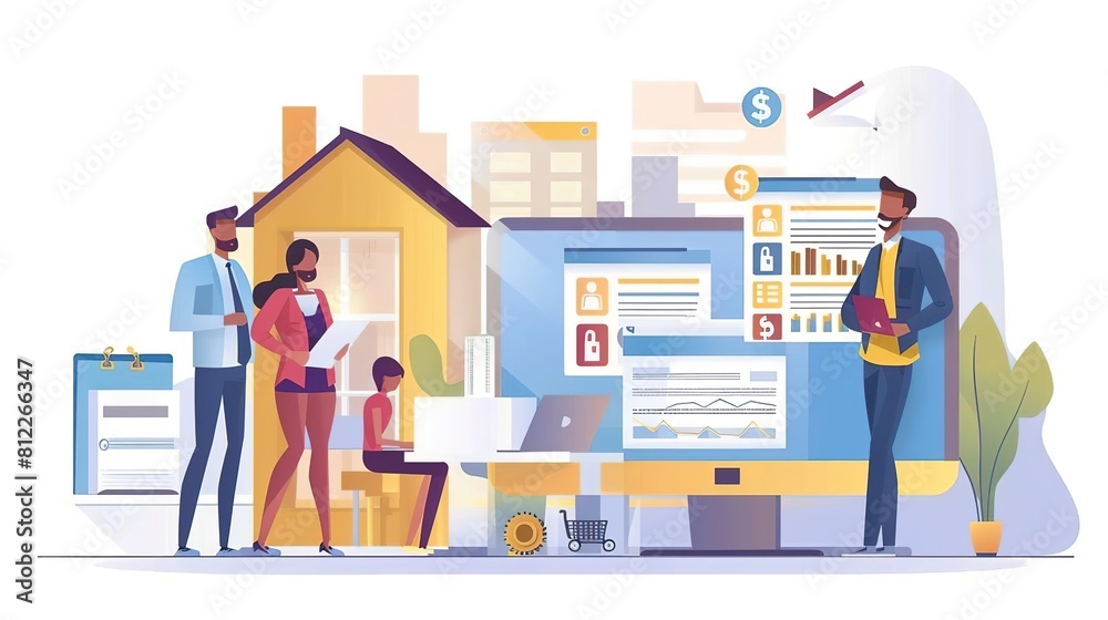A family is looking at a computer screen together. The father is pointing at something on the screen while the mother and son look on. There is a house in the background. A family is looking at a computer screen together. The father is pointing at something on the screen while the mother and son look on. There is a house in the background.