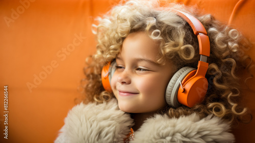 A young Caucasian girl 7 years old enjoying music in her cozy living room  wearing headphones