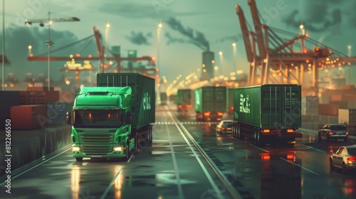 A green truck is driving in an industrial harbor area illuminated by the warm evening light, representing logistics