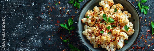 Roasted cauliflower with tahini sauce, top view horizontal food banner with copy space