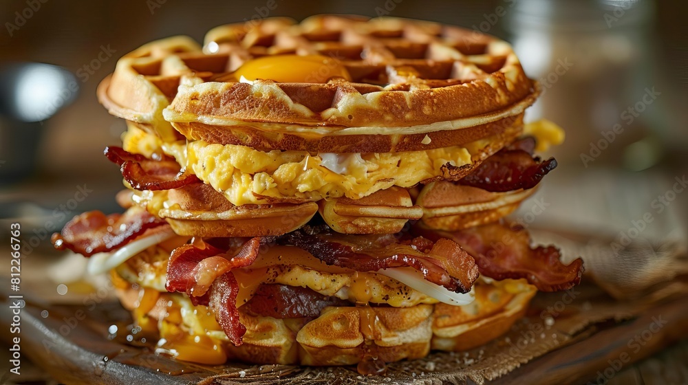 A waffle breakfast sandwich stuffed with eggs, bacon, and cheese, perfect for a hearty morning meal A waffle breakfast sandwich stuffed with eggs, bacon, and cheese, perfect for a hearty morning meal
