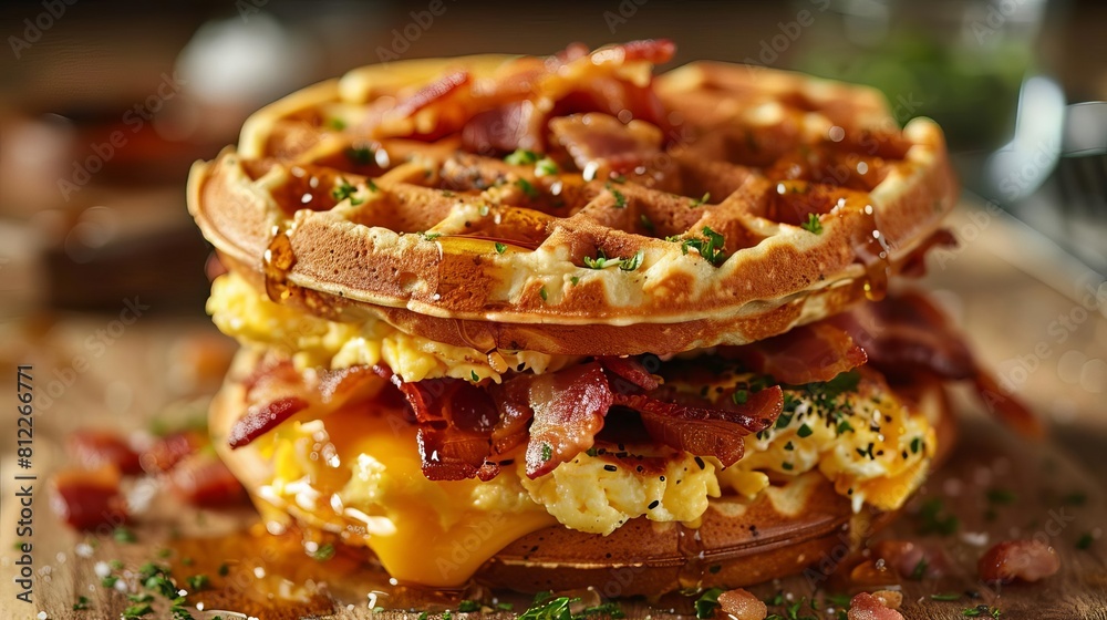A waffle breakfast sandwich stuffed with eggs, bacon, and cheese, perfect for a hearty morning meal A waffle breakfast sandwich stuffed with eggs, bacon, and cheese, perfect for a hearty morning meal