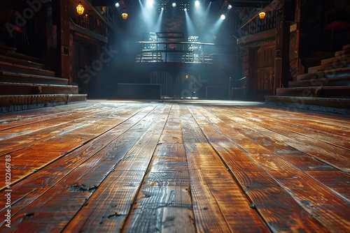 The stage of an empty theater, warmly lit and inviting, with focus on the performance space devoid of actors or audience