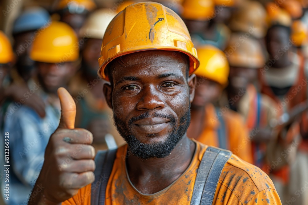A smiling construction worker with orange helmet gives a thumbs up surrounded by colleagues A smiling construction worker with orange helmet gives a thumbs up surrounded by colleagues