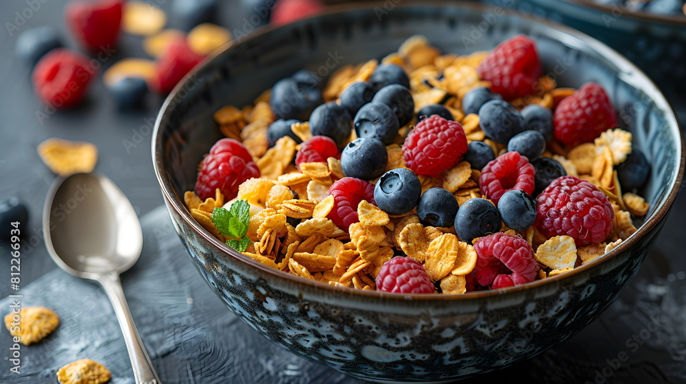 Schüssel mit Müsli - Früchtemüsli Illustration - Cornflakes und Früchte - Gesundes Müsli Wallpaper - Ai-Ki generiert Schüssel mit Müsli - Früchtemüsli Illustration - Cornflakes und Früchte - Gesundes Müsli Wallpaper - Ai-Ki generiert