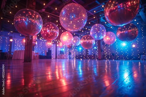 Low angle view of various sized disco balls floating above a dance floor with blue and pink lights