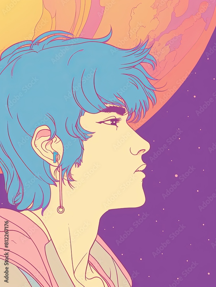 Stylized profile of a man in 1980s anime style against a starry night backdrop.