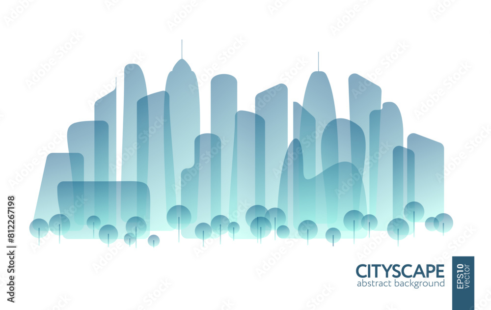 Obraz premium Futuristic cityscape flat art illustration. Overlay future city panorama. Abstract town landscape. Urban skyline with downtown skyscrapers, office buildings, park. Modern architectural exterior